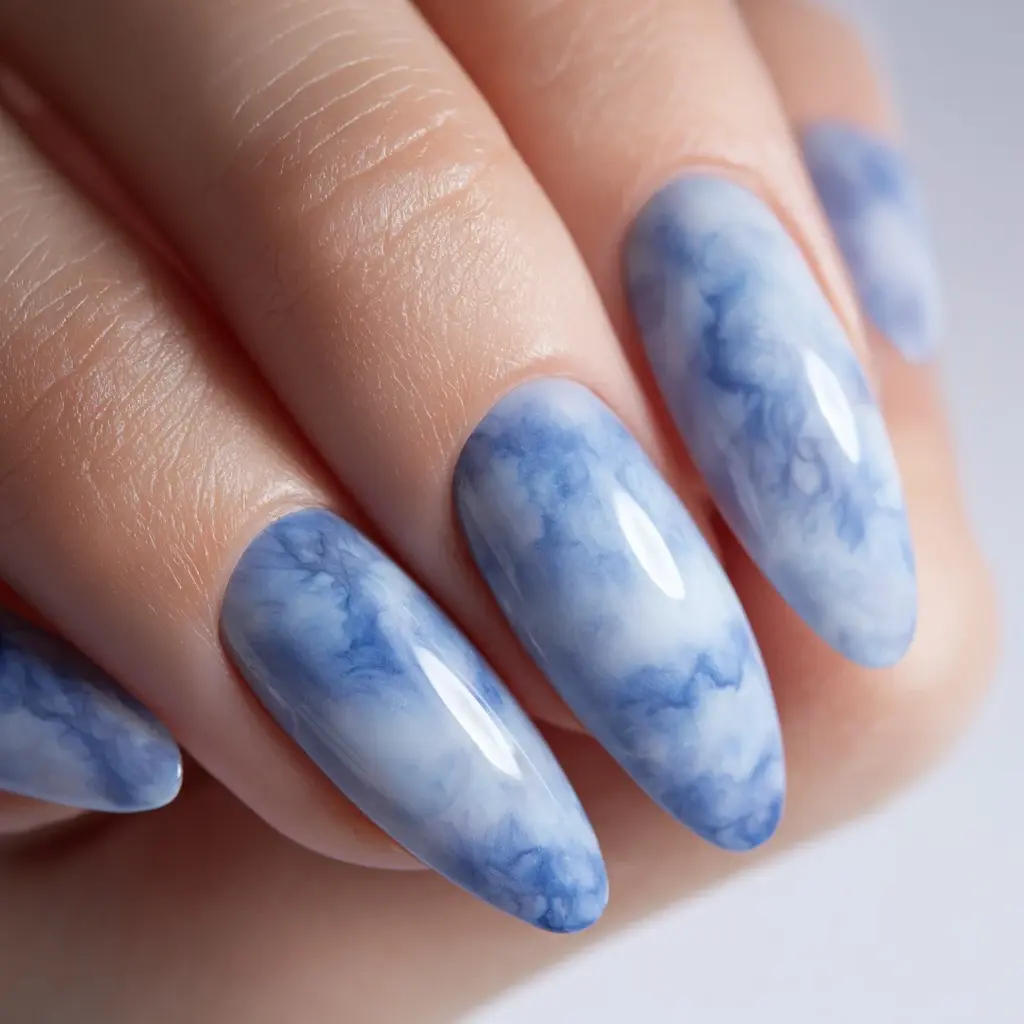 blue and white coffin medium nails with floral and abstract