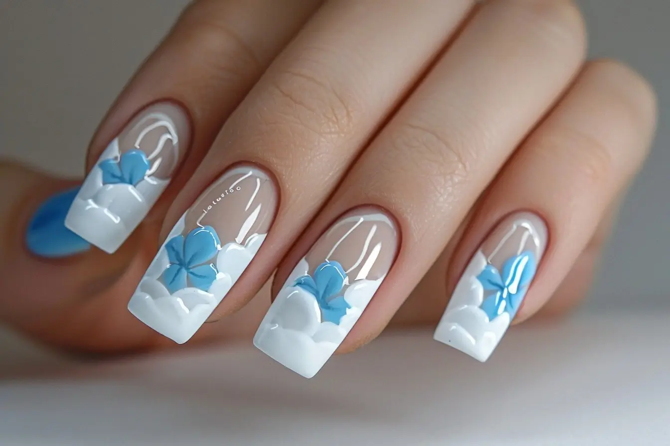Elegant Blue Floral Coffin Nail Art Design