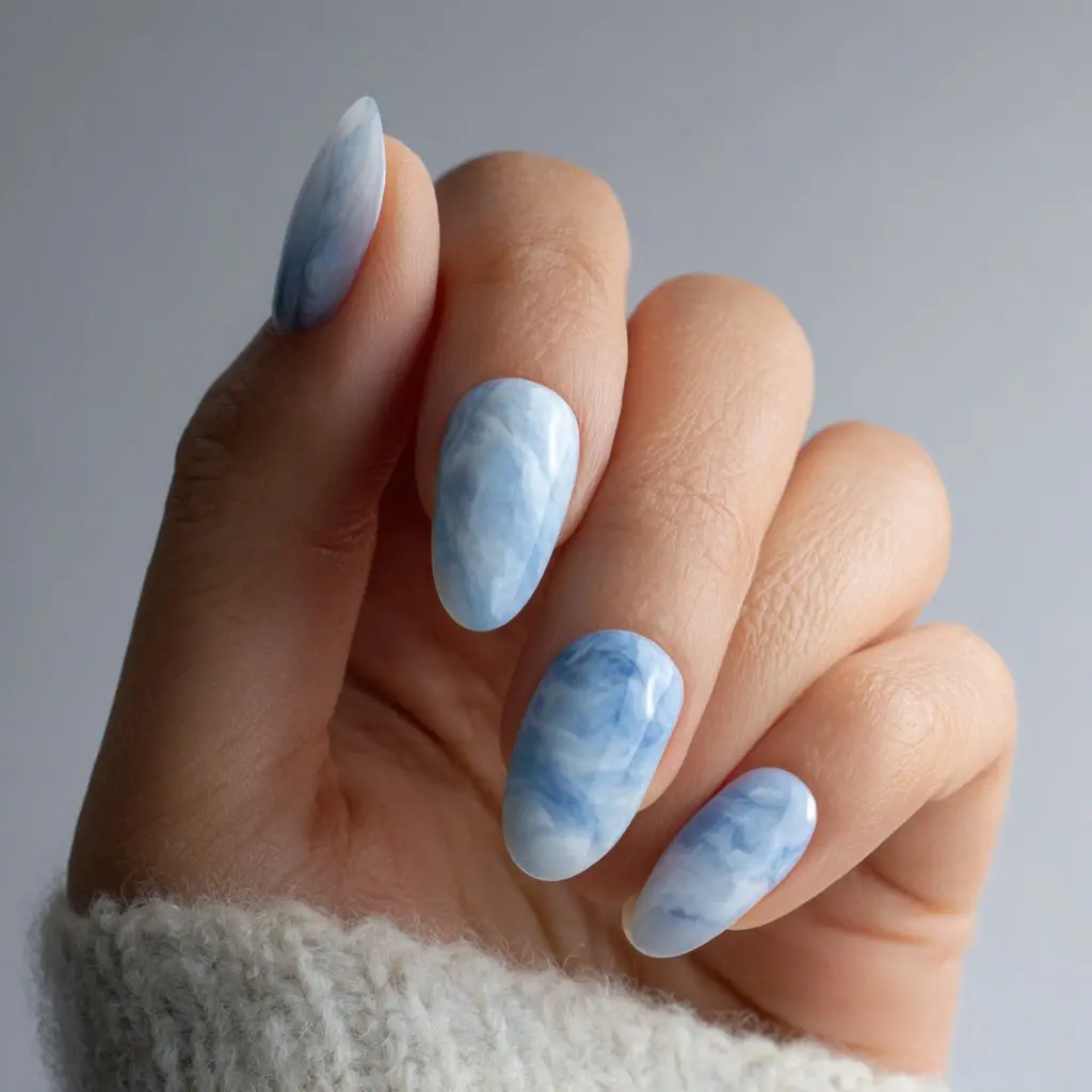 blue and white almond medium nails with abstract and glossy