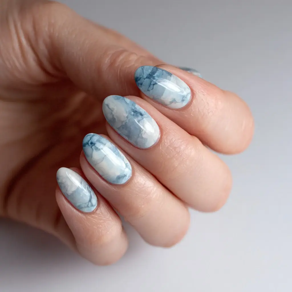 blue and white almond medium nails with abstract and ombre