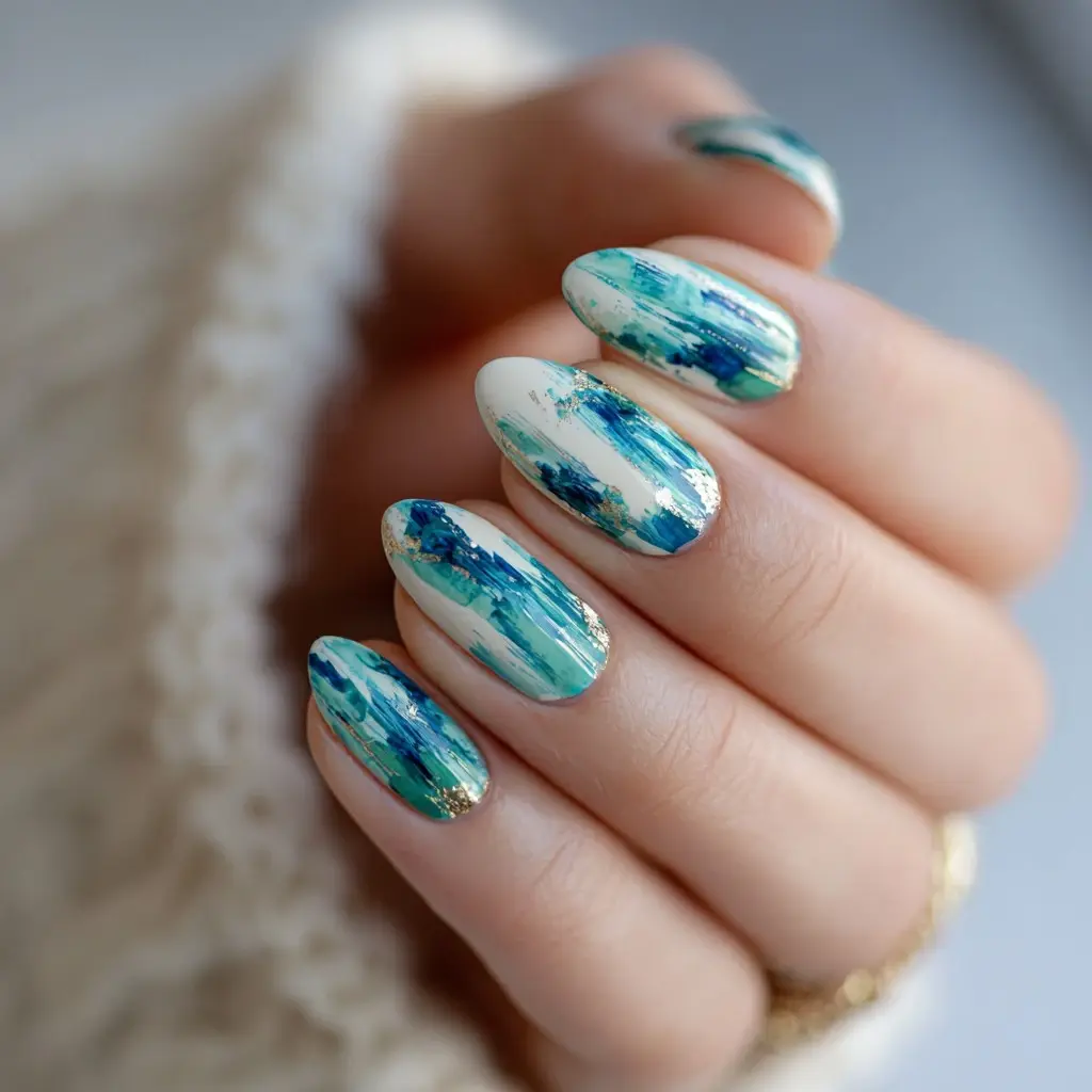blue and white almond medium nails with abstract and glossy
