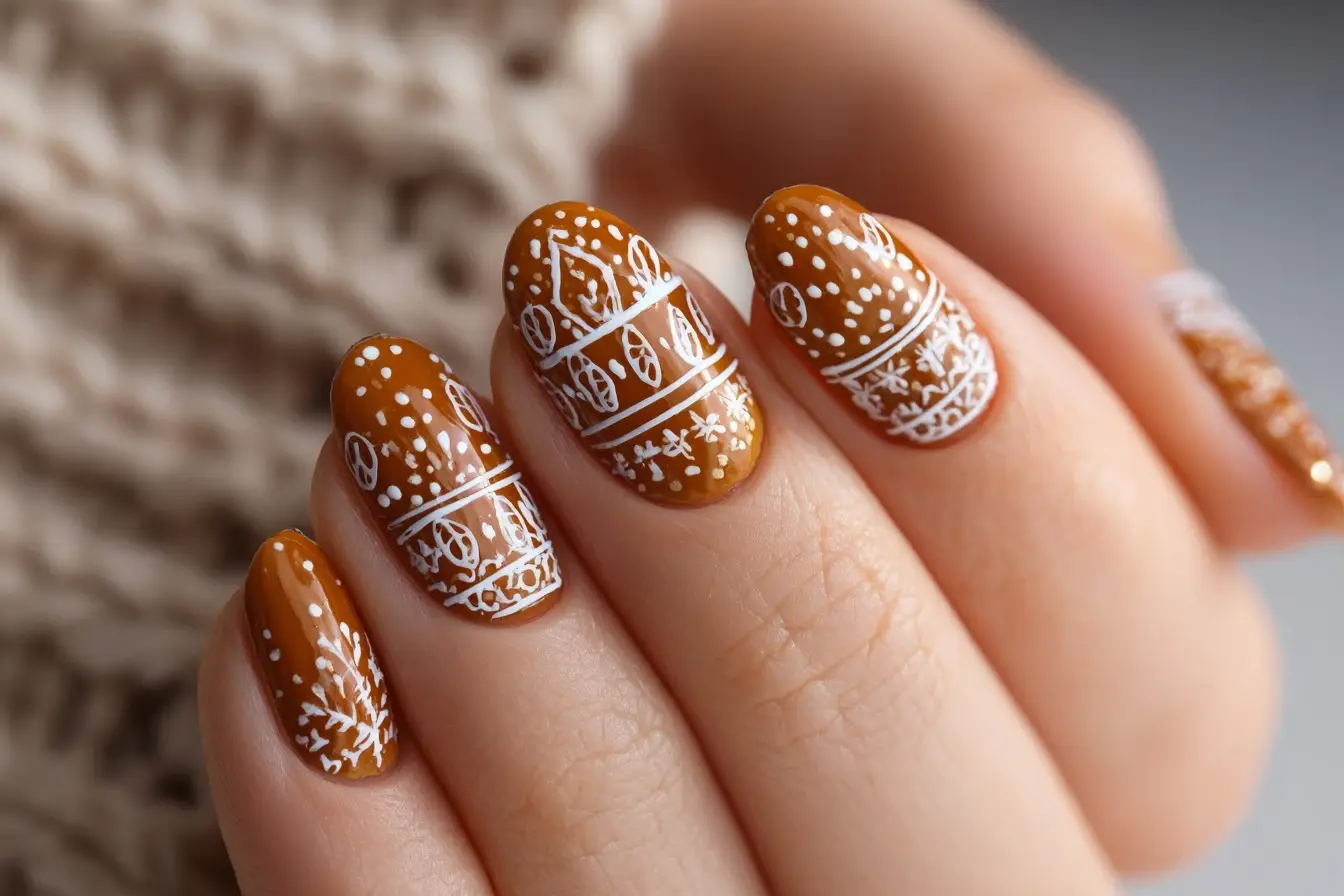 Elegant Brown and White Geometric Almond Nail Art Design