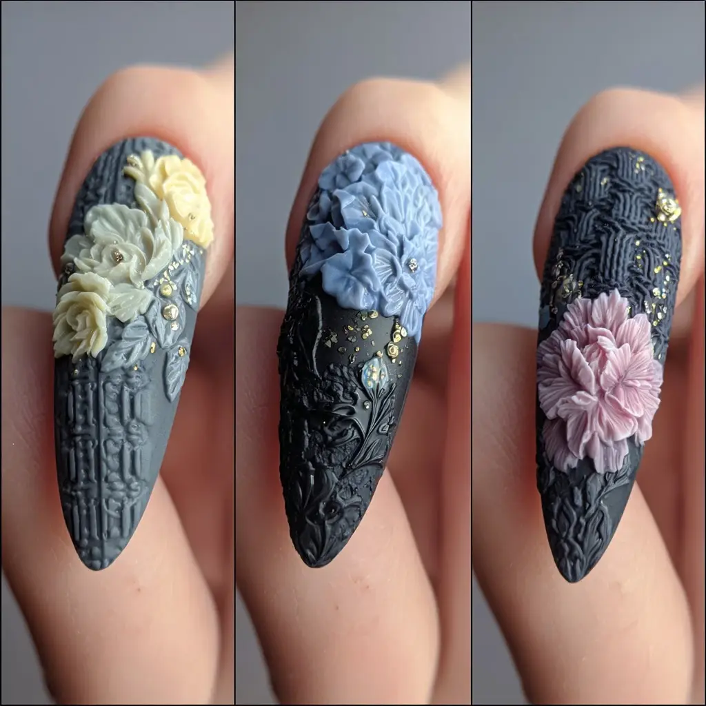 blue and pink coffin long nails with floral and 3d