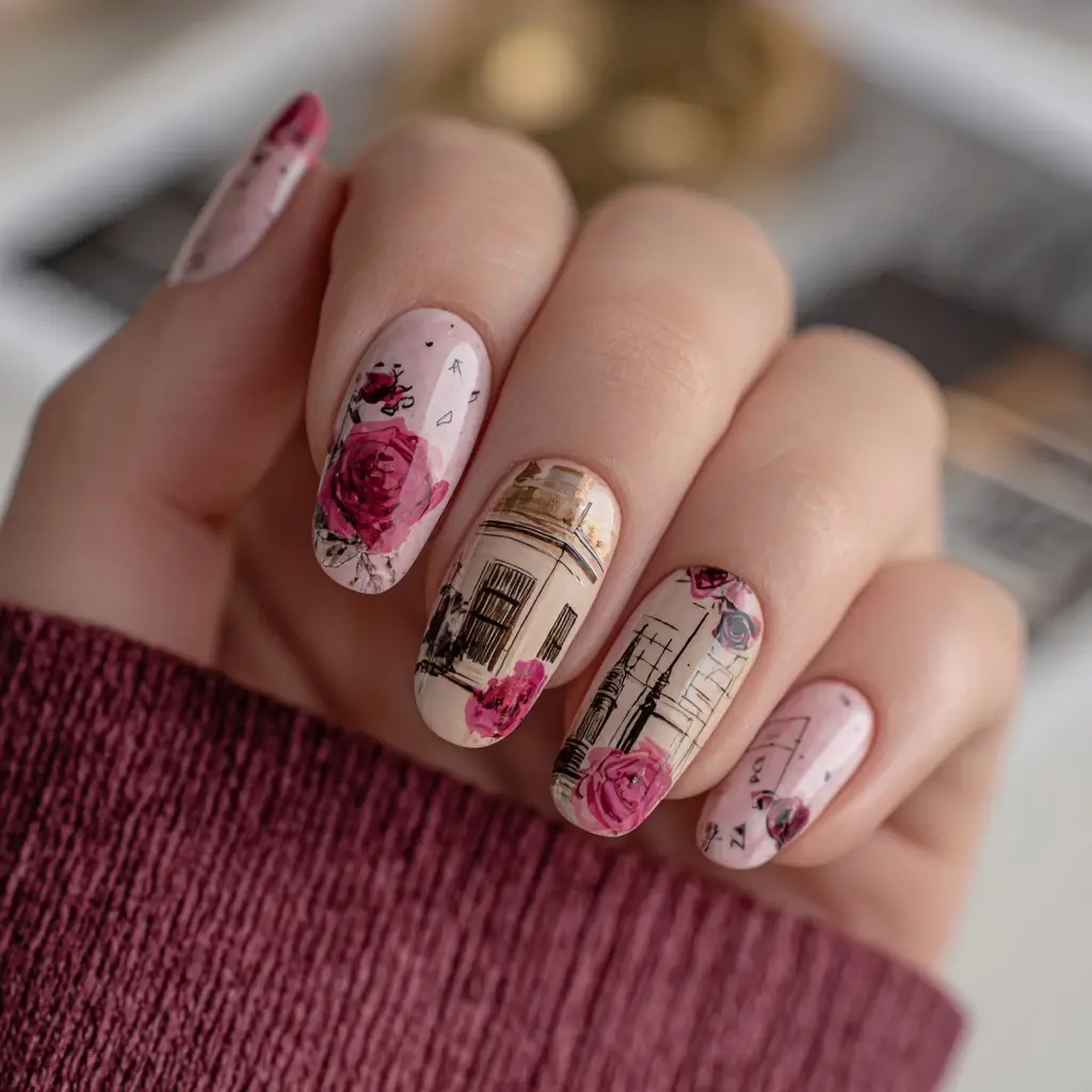 pink and white square medium nails with floral and abstract