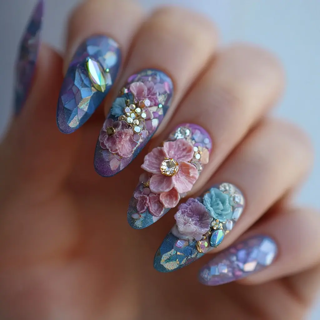 pink and blue coffin long nails with floral and glitter