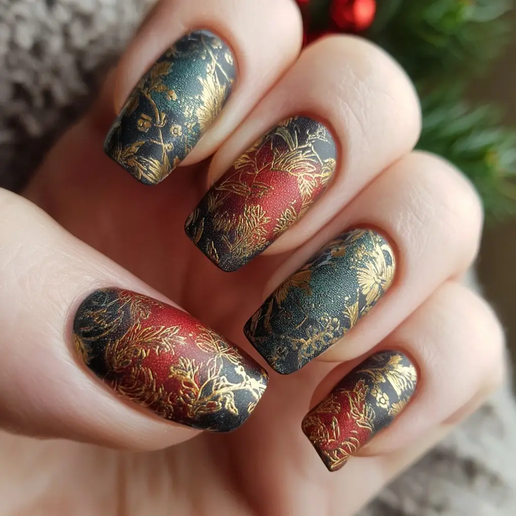red and black square medium nails with floral and abstract