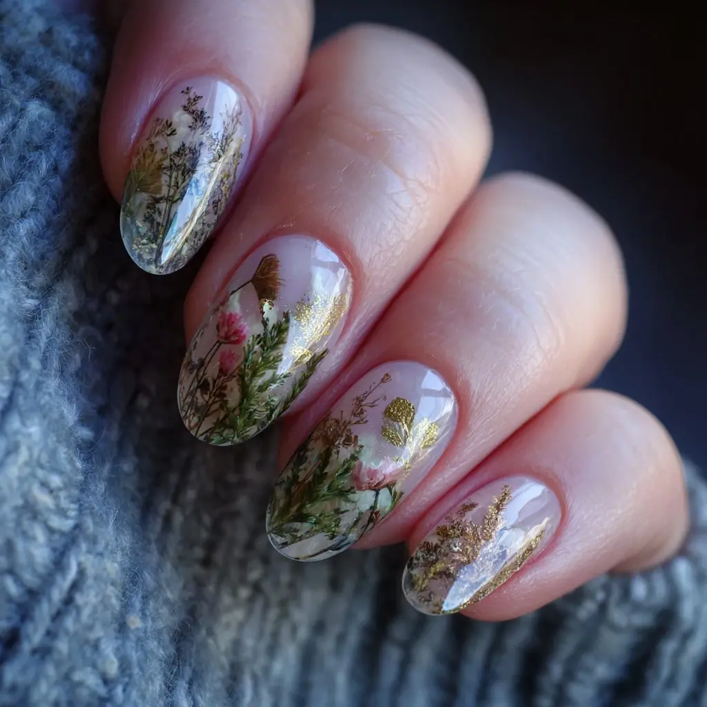 pink and green square medium nails with floral and glossy