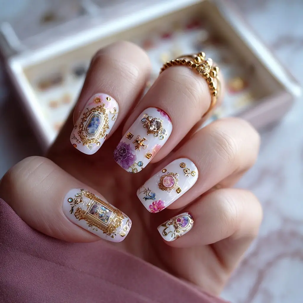 white and gold square medium nails with floral and glossy