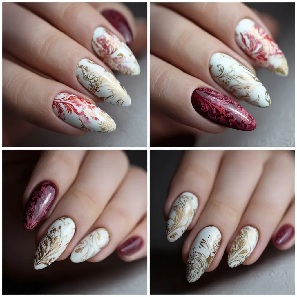 red and gold coffin long nails with floral and glossy