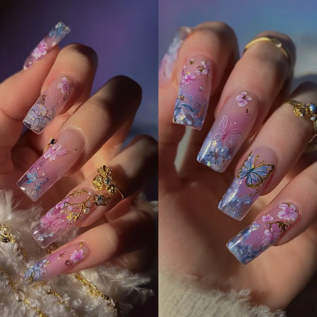 pink and purple coffin long nails with floral and abstract