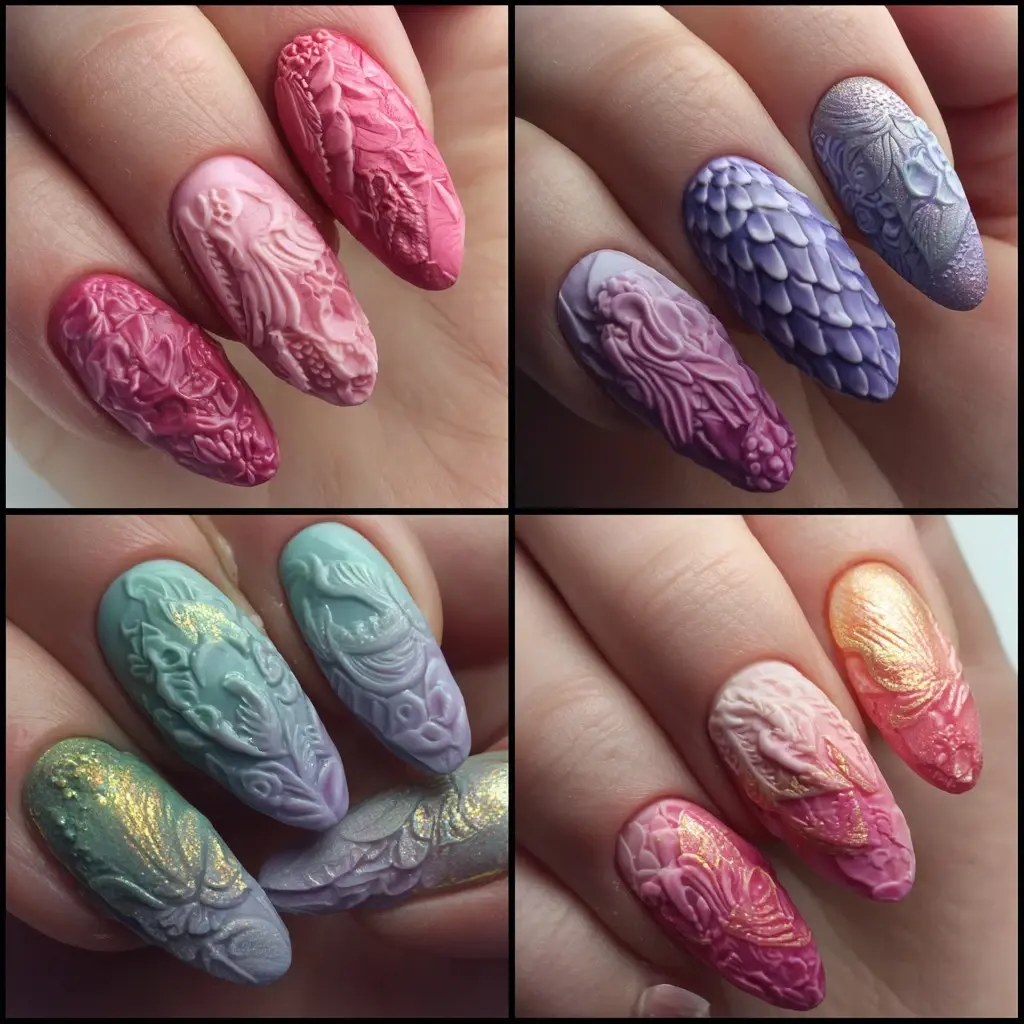 pink and purple coffin long nails with floral and abstract