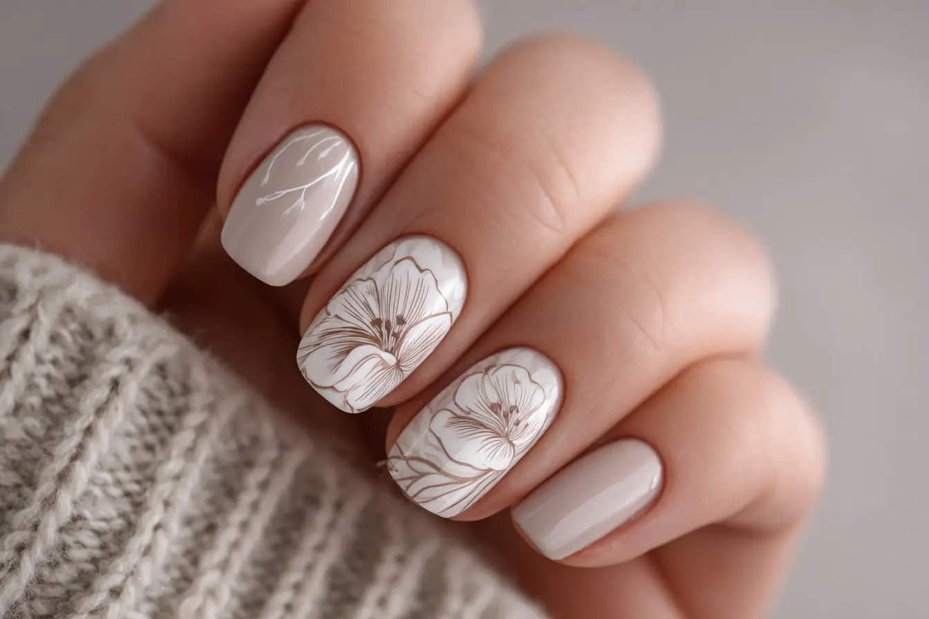 Elegant Floral Nude Almond Nail Art Design