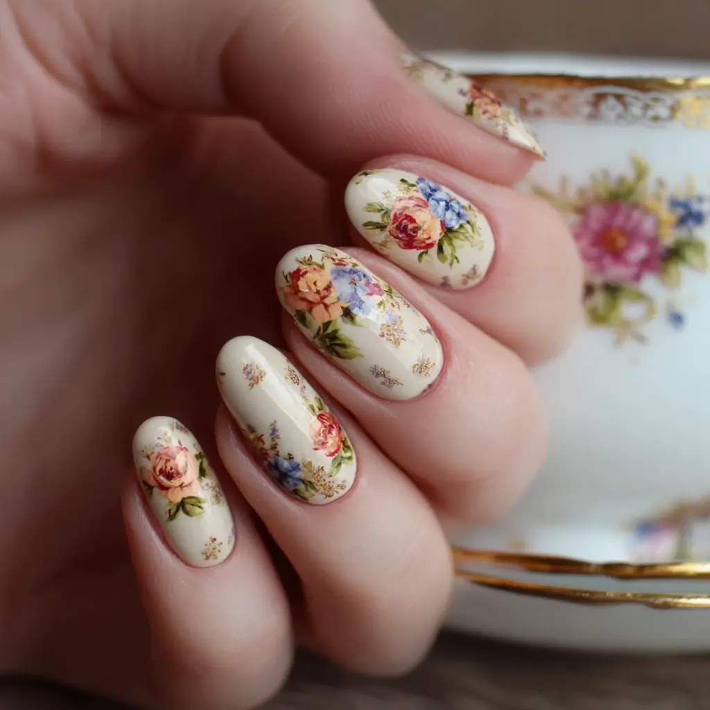 pastel and yellow almond medium nails with floral and abstract
