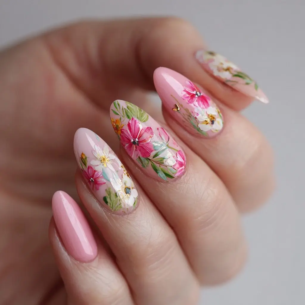 pink and white almond medium nails with floral and glossy