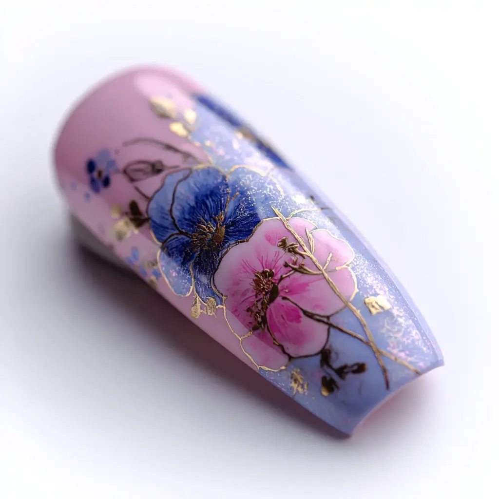 pink and blue coffin long nails with floral and glossy