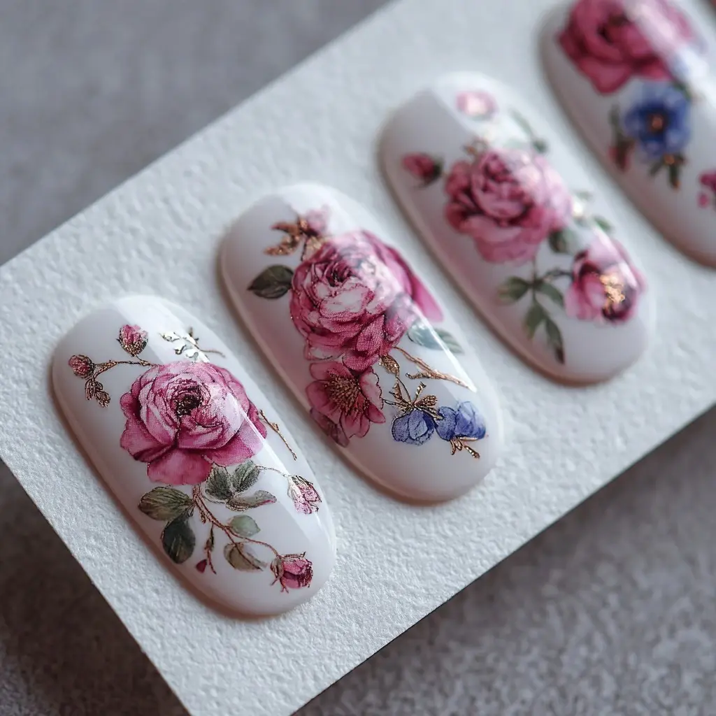 pink and green coffin medium nails with floral and glossy