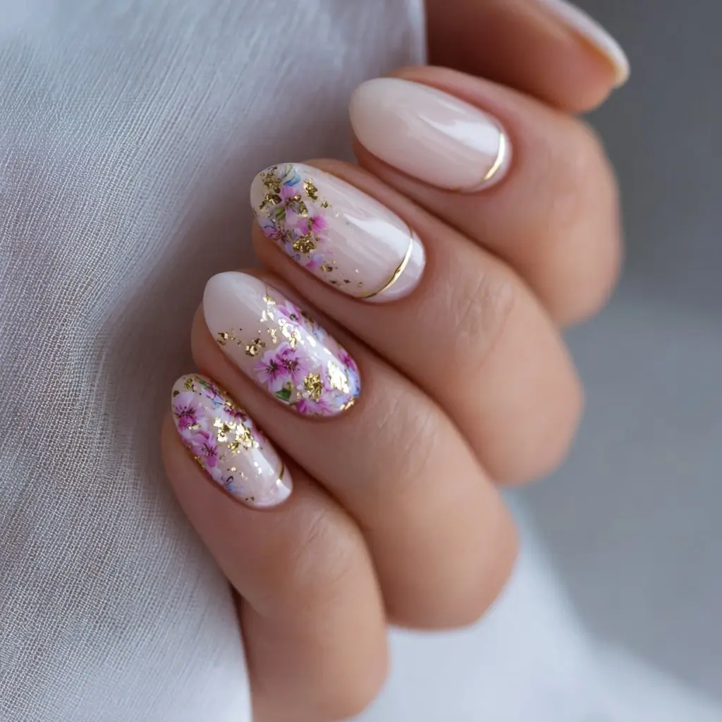 pink and gold coffin medium nails with floral and glossy
