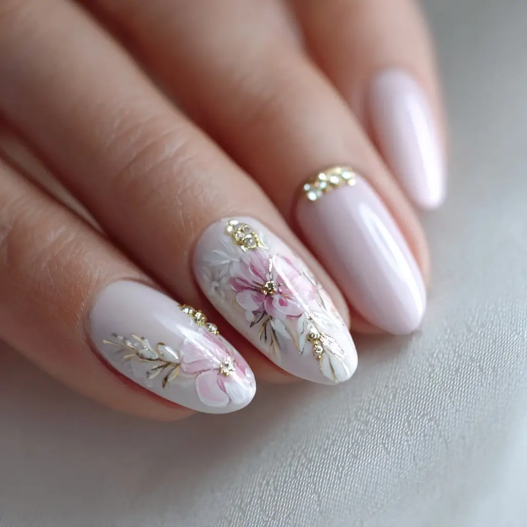 pink and white coffin medium nails with floral and glossy