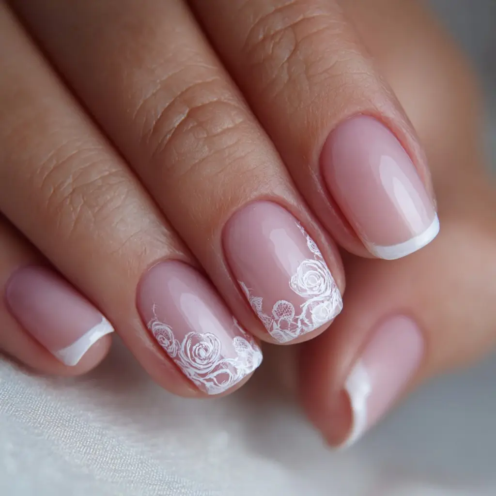 pink and white coffin medium nails with floral and glossy