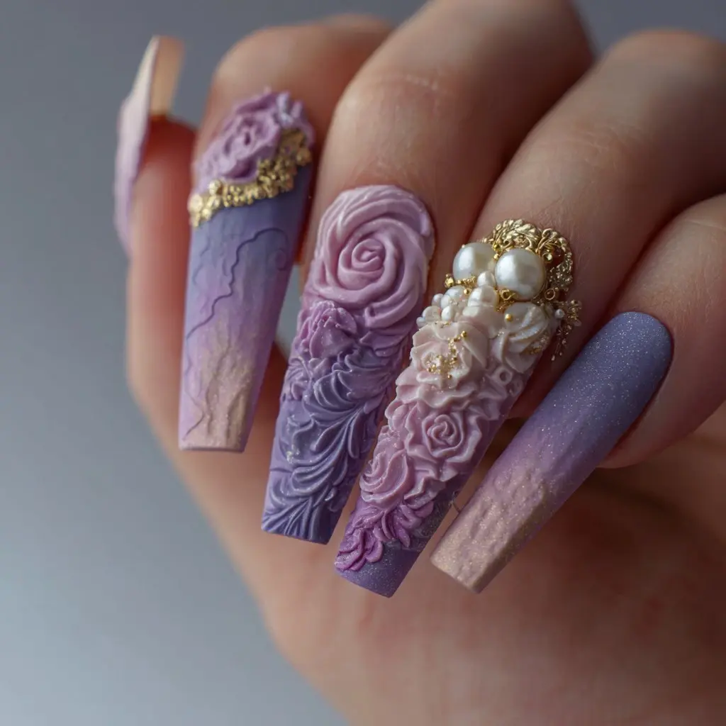 purple and white coffin long nails with floral and glossy