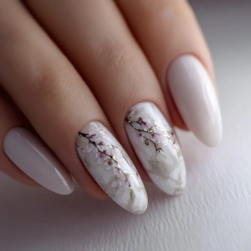 white and pink almond medium nails with floral and glossy