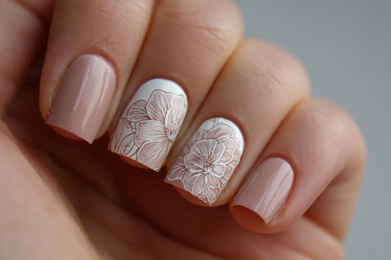 Elegant Floral White and Nude Coffin Nail Art Design
