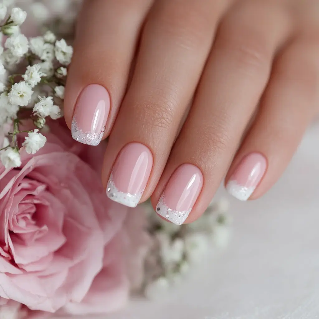 pink and white almond medium nails with french and glitter