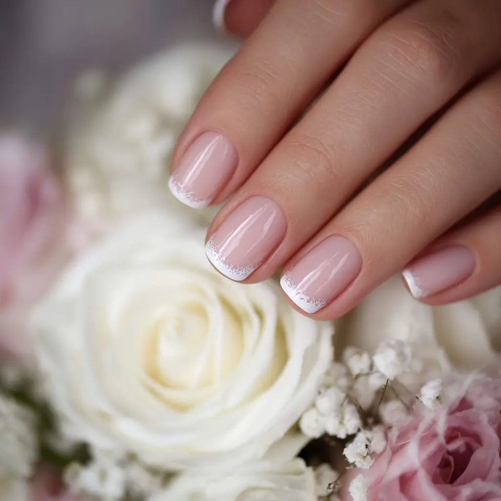 nude and white coffin medium nails with french and minimalist
