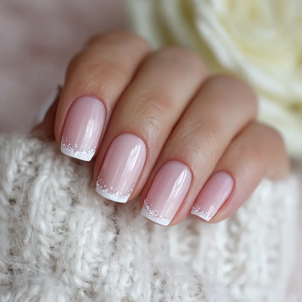 nude and white square medium nails with french and glossy