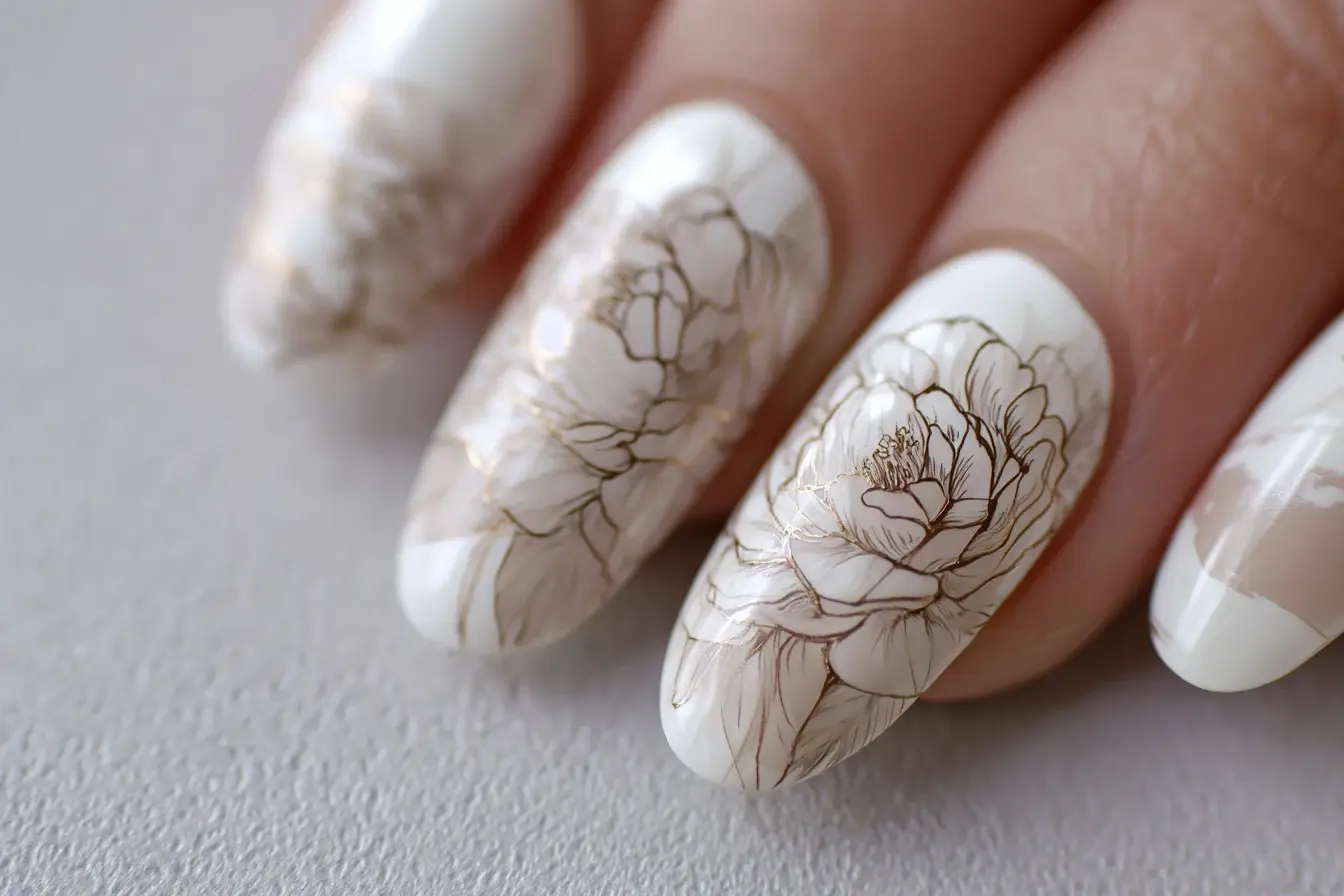 Elegant Gold Floral Coffin Nail Art Design