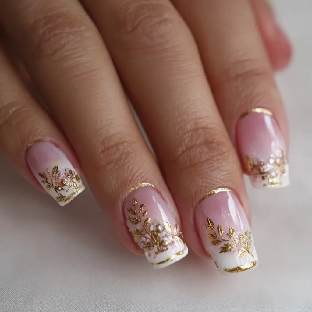 pink and gold coffin medium nails with floral and glossy