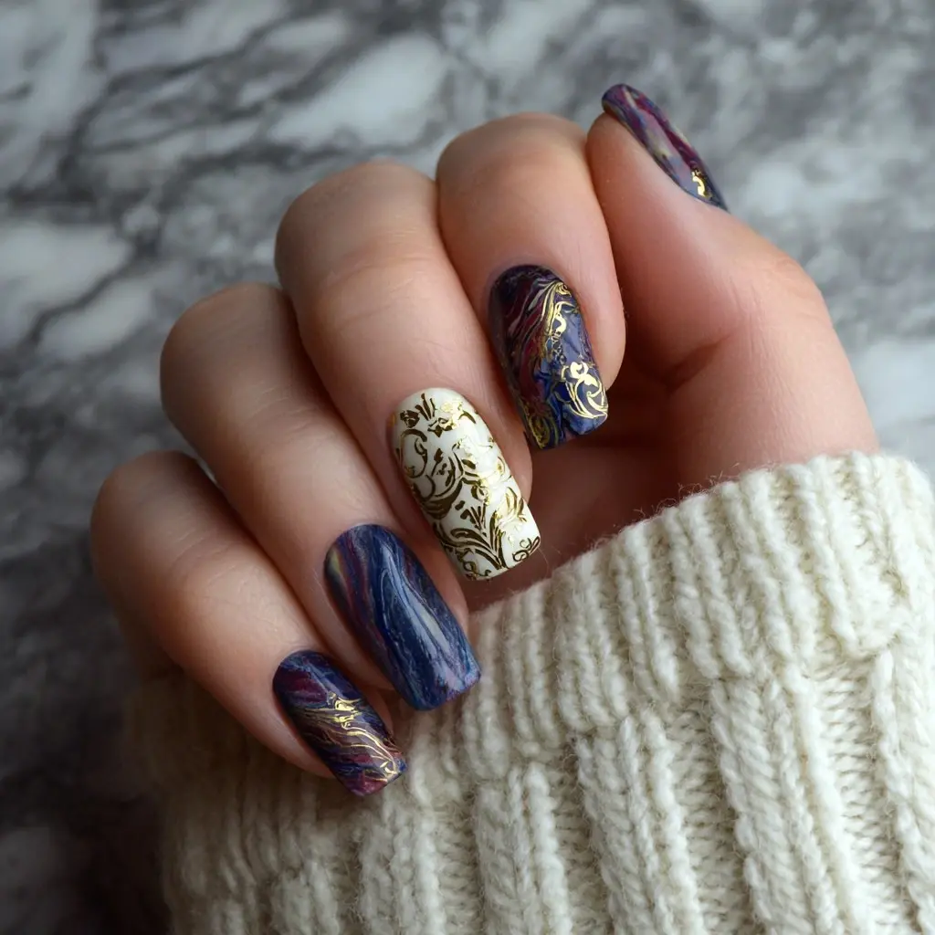 gold and blue coffin medium nails with abstract and glossy