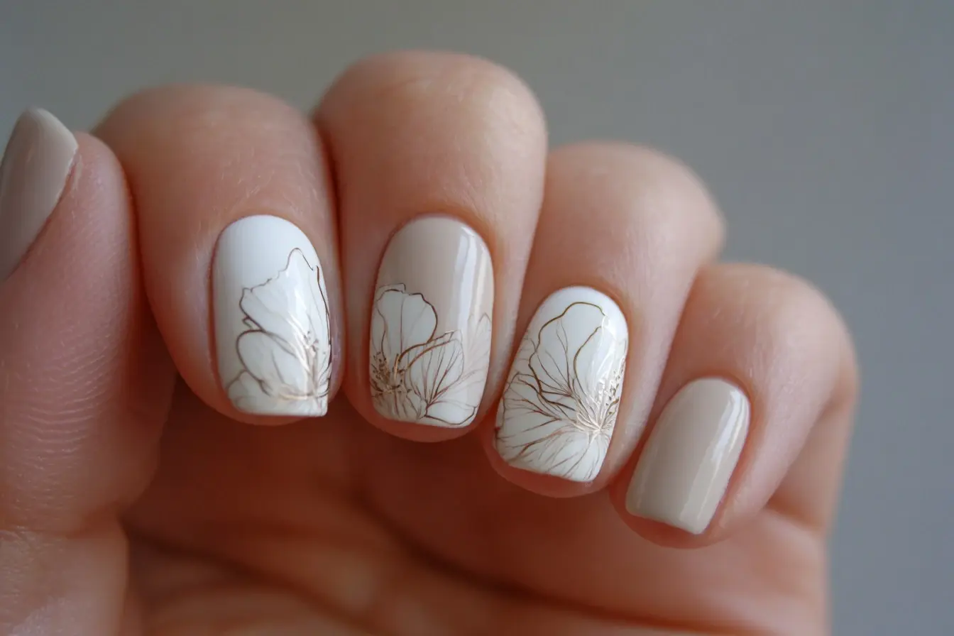 Elegant Gold Floral White Square Nail Art Design