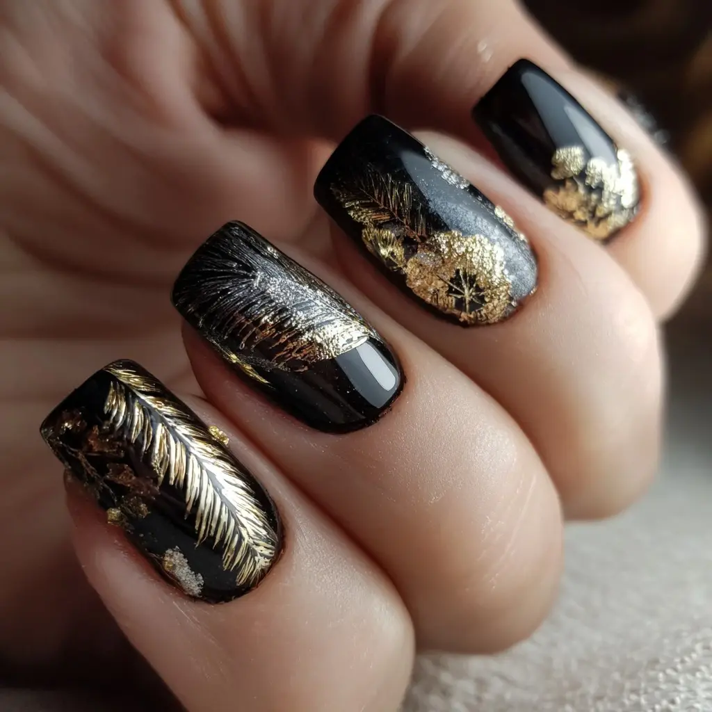 black and gold coffin long nails with abstract and glossy