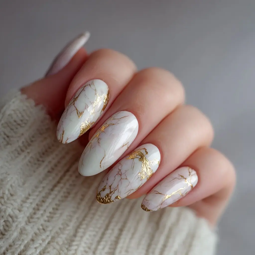 white and gold almond medium nails with abstract and glossy