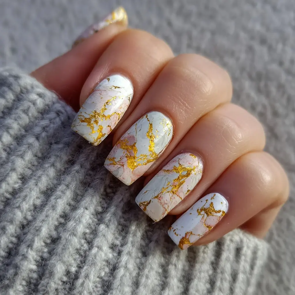 white and gold square medium nails with abstract and glossy