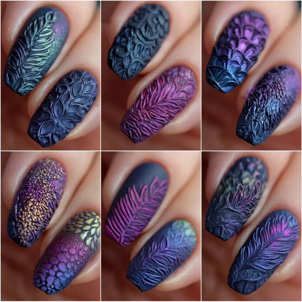 purple and blue coffin long nails with floral and abstract