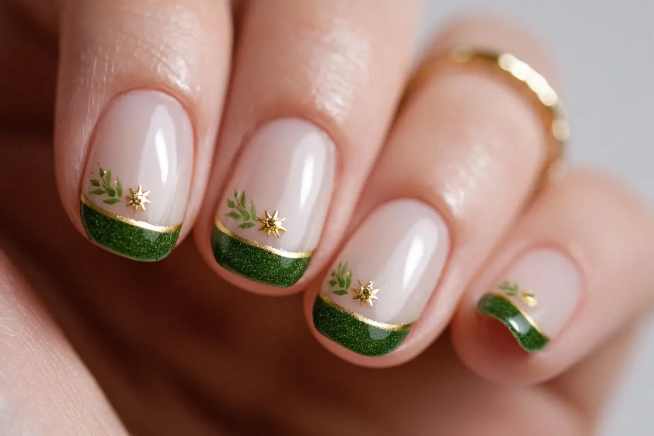 green and gold coffin medium nails with floral and glossy