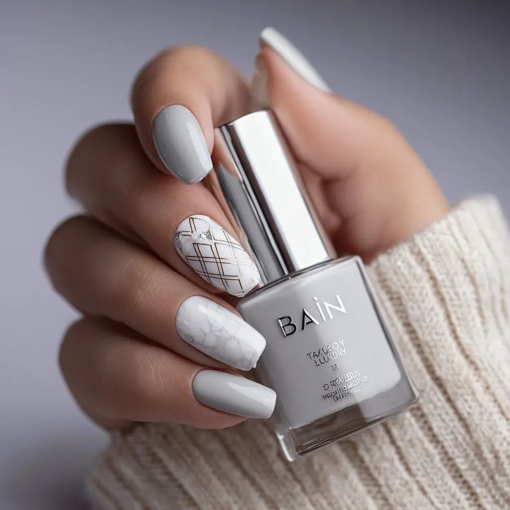 white oval medium nails with geometric and minimalist