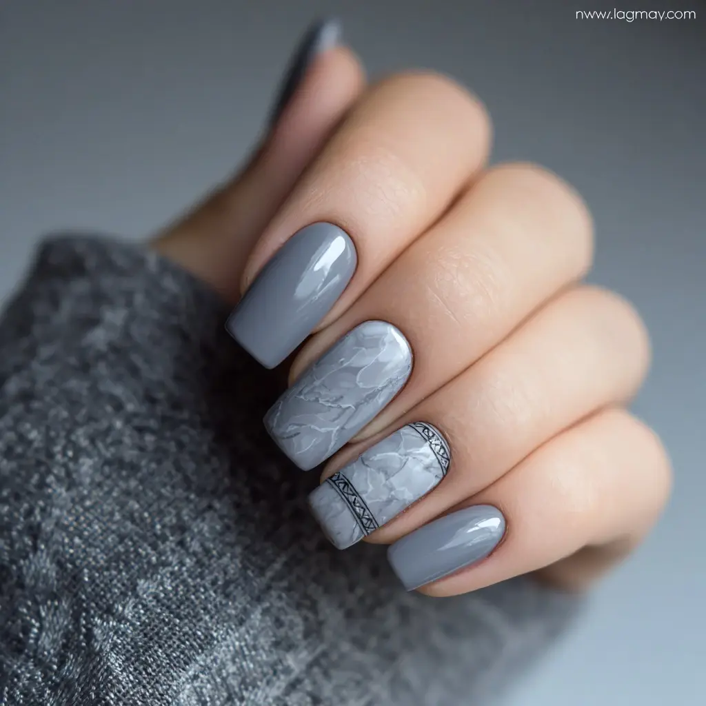 white square medium nails with abstract and glossy