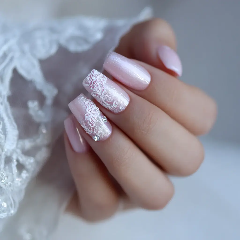 pink and white square medium nails with floral and glossy