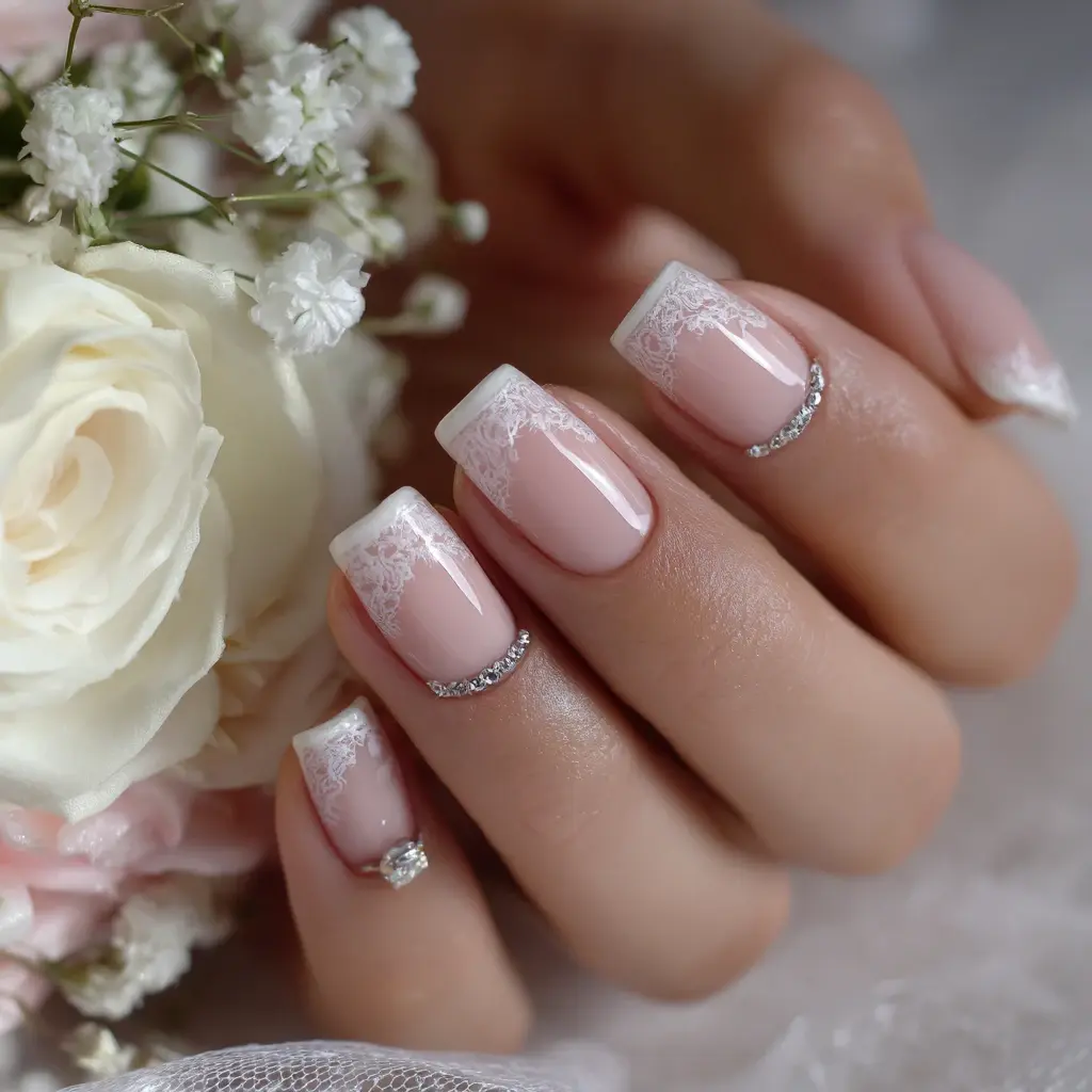 pink and white square medium nails with french and floral