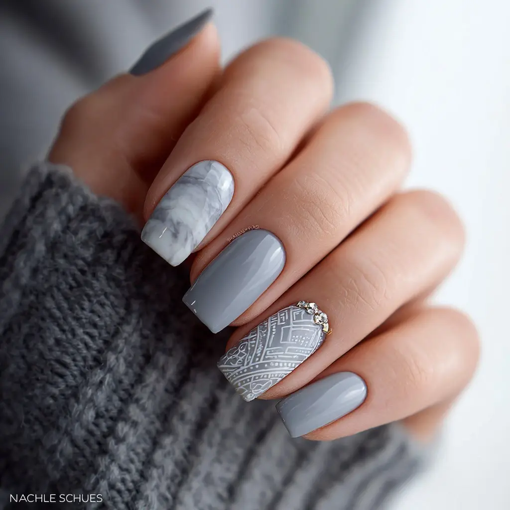 white and metallic coffin medium nails with geometric and abstract