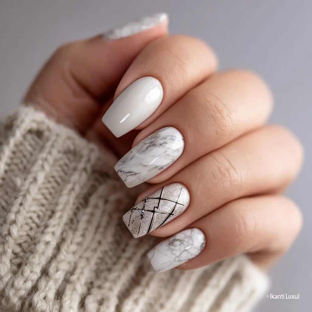 white and black coffin medium nails with geometric and abstract