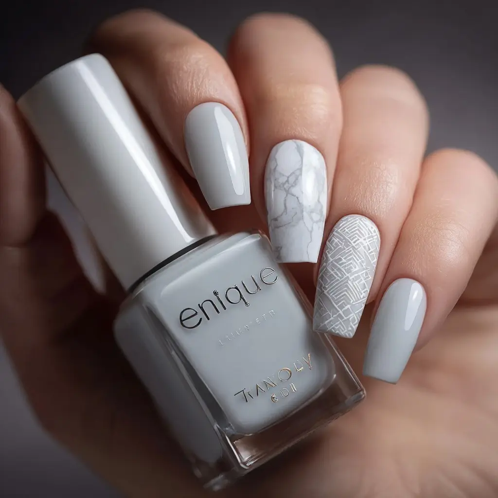 white and pastel oval medium nails with geometric and abstract