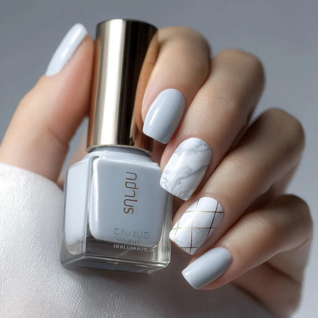 white and gold coffin medium nails with geometric and abstract