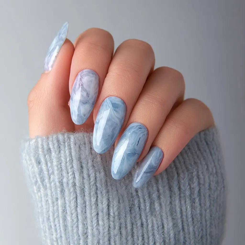 blue and pastel coffin long nails with abstract and glossy