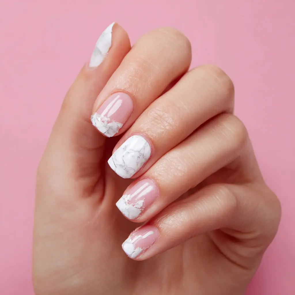 white and nude square medium nails with abstract and french