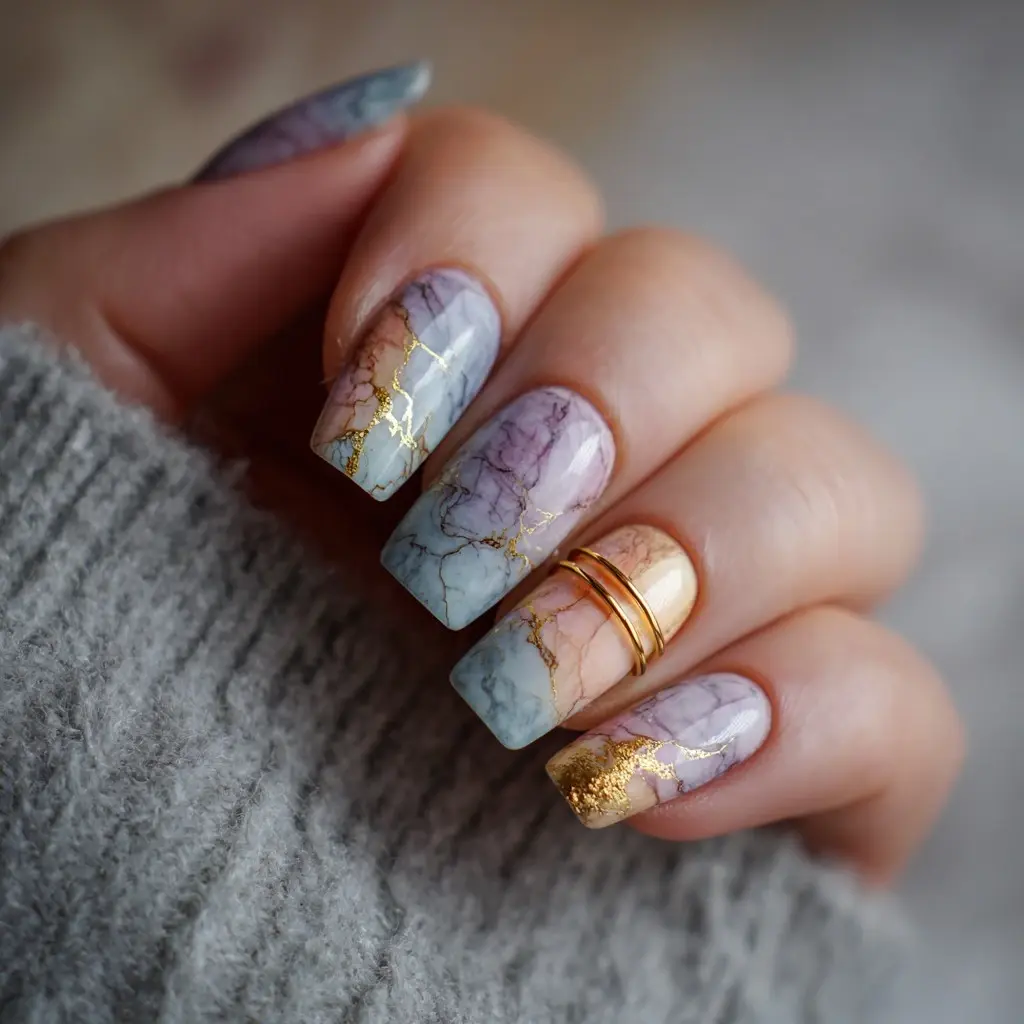 purple and blue square medium nails with abstract and glossy