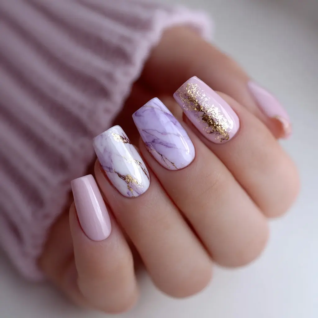 pink and purple coffin long nails with abstract and glitter